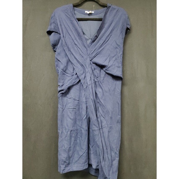 HELMUT Helmut Lang Angled Pintuck Front Dress Blue Wool Blend Size 4 Wrap Draped - Picture 1 of 9